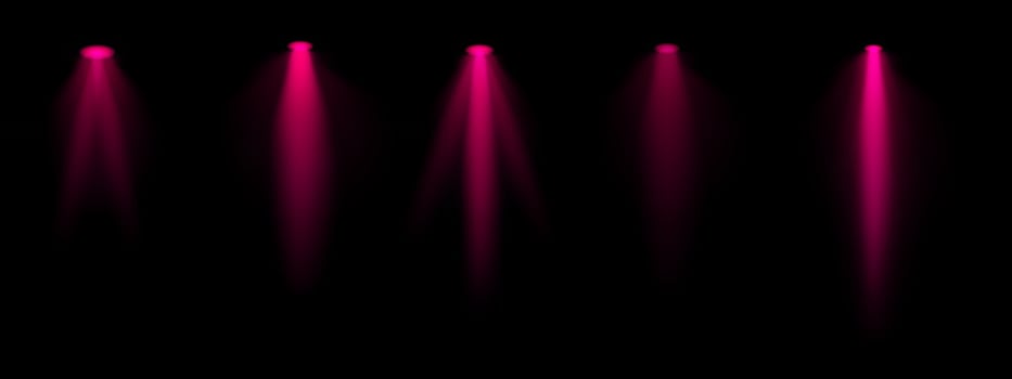 Red spotlight set. Multiple focused beams, ceiling-mounted lighting, bright white glow, stage illumination, modern lighting design, minimalistic decor, professional setup vector
