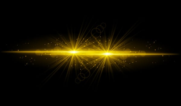 Dual golden starburst. Bright intersecting beams, glowing particles, radiant light effects, warm illumination, abstract lighting design, futuristic energy, decorative visuals vector