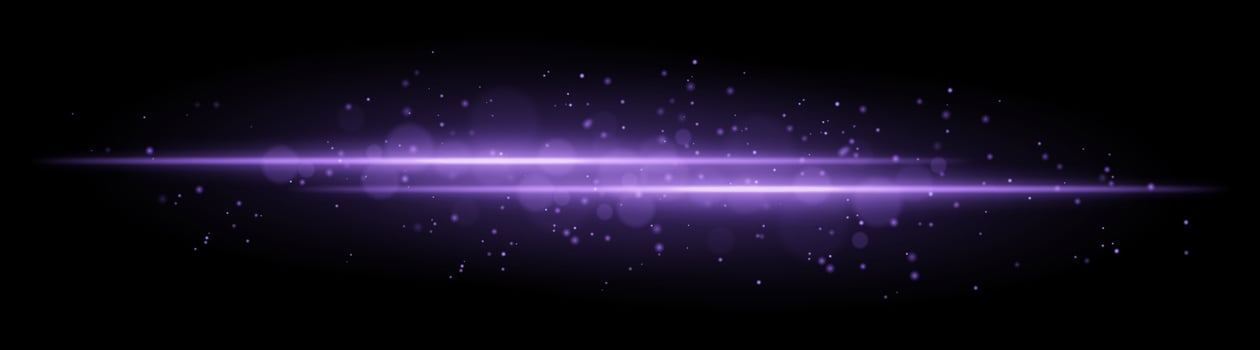 Purple glowing line beam. Horizontal light beam with sparkling particles, radiant golden glow, abstract illumination, decorative lighting effect, warm and vibrant design vector
