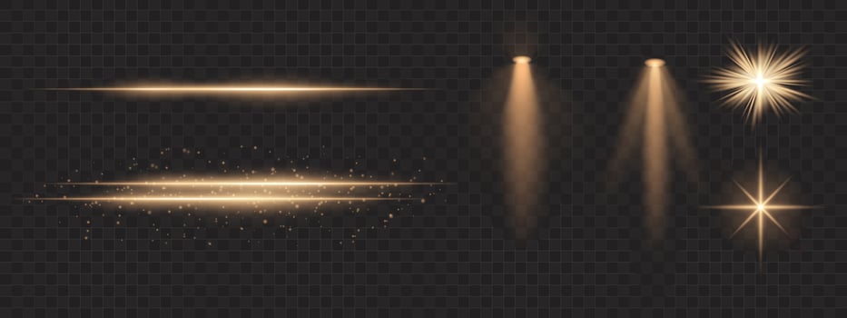 Golden light effects set. Glowing streaks, sparkles, spotlight beams, bright starbursts, warm illumination, decorative particles, radiant design, abstract modern lighting. vector