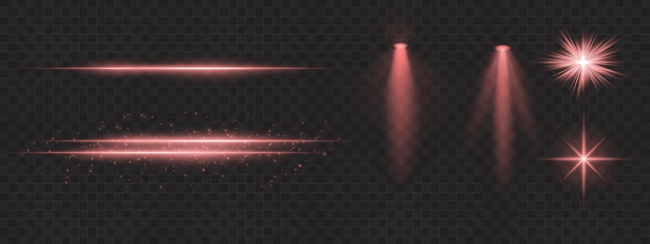 Red light effects set. Glowing streaks, sparkles, spotlight beams, bright starbursts, warm illumination, decorative particles, radiant design, abstract modern lighting. vector