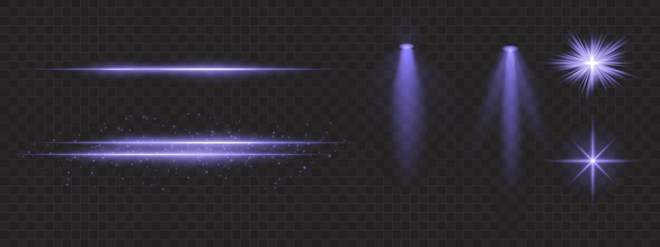 Purple light effects set. Glowing streaks, sparkles, spotlight beams, bright starbursts, warm illumination, decorative particles, radiant design, abstract modern lighting. vector