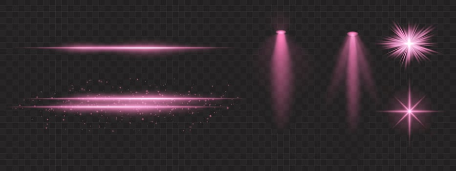 Golden light effects set. Glowing streaks, sparkles, spotlight beams, bright starbursts, warm illumination, decorative particles, radiant design, abstract modern lighting. vector