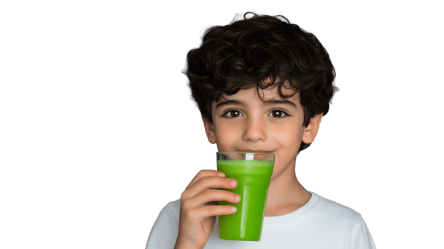 Young boy enjoying green smoothie drink, transparent background png