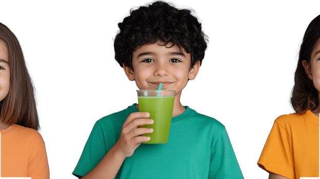 Child Smiling with Green Drink in Hand on Transparent Background png