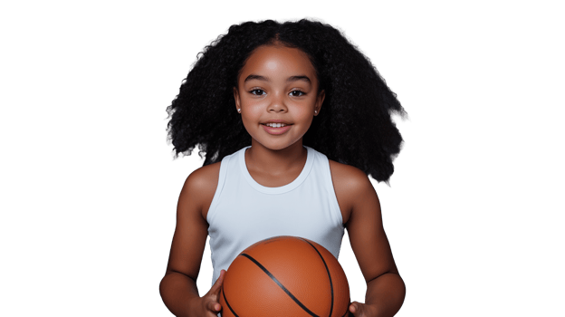 Young girl holding basketball with transparent background showcasing joy and enthusiasm png