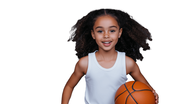 Young girl playing basketball with a smile on a transparent background png