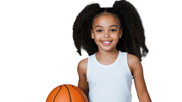 Young girl smiling with basketball on transparent background png