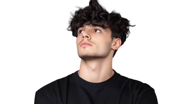 Young man looking upward with confident expression on transparent background png