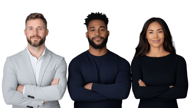 Professional group portrait of three individuals with transparent background png