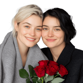 Two smiling women holding red roses with transparent background png