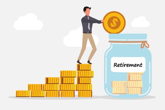 Businessman standing on stack of coins and putting a coin into a glass jar to prepare for retirement. Saving money for retirement. vector