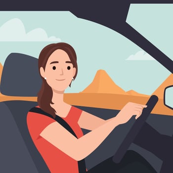 Attractive young woman driver in new car. vector