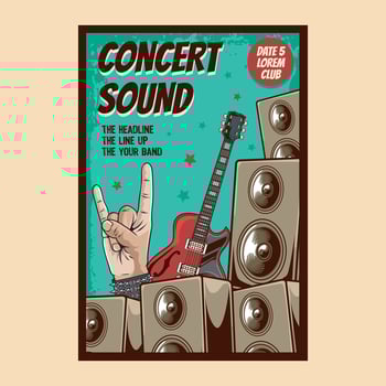 Vintage Rock and roll festival concert poster with stack amplifier, rock fingers and guitar illustration vector