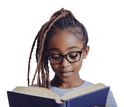 Young girl reading a book with interest indoors png