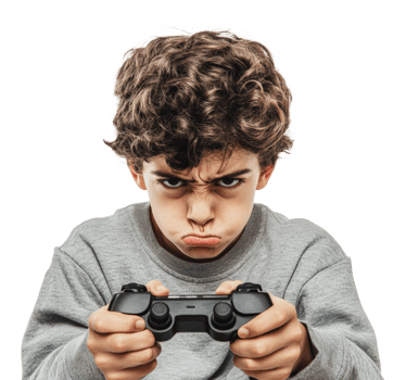 Boy playing games with intense focus png