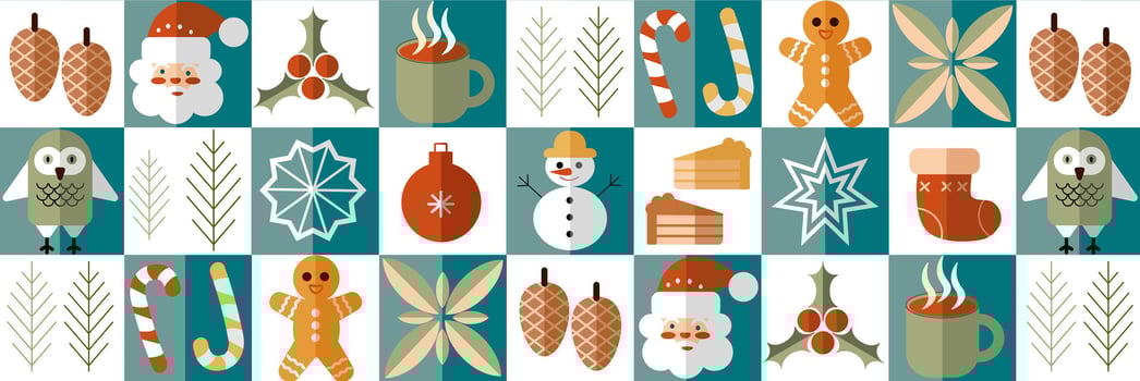 a pattern with christmas decorations and snowmen vector
