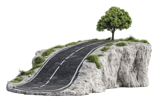 Road leading to a solitary tree on rocky cliff png