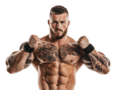 Muscular man showcasing tattoos and strength png