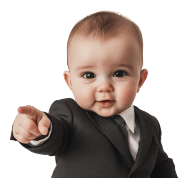 Cute baby in a suit pointing confidently at camera png