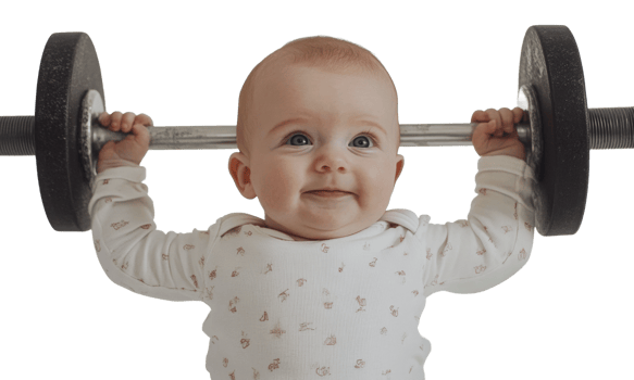 Baby lifting weights with a cheerful expression png