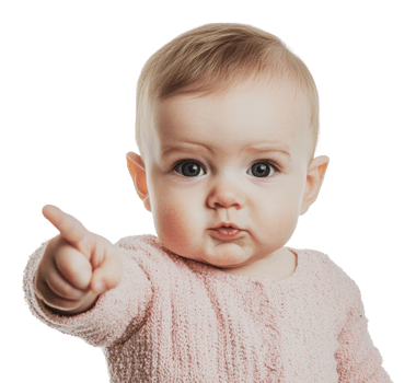 Baby pointing with curiosity in playful expression png