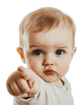 Baby gestures playfully while looking at camera png