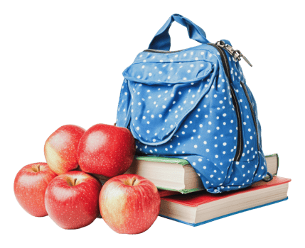 Backpack and apples stacked on school books png