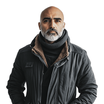 Mature man with a beard poses in winter fashion png