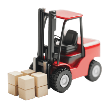 Miniature red forklift lifting wooden boxes png
