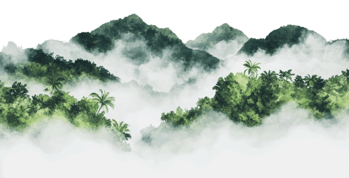 Lush green mountains shrouded in mist png