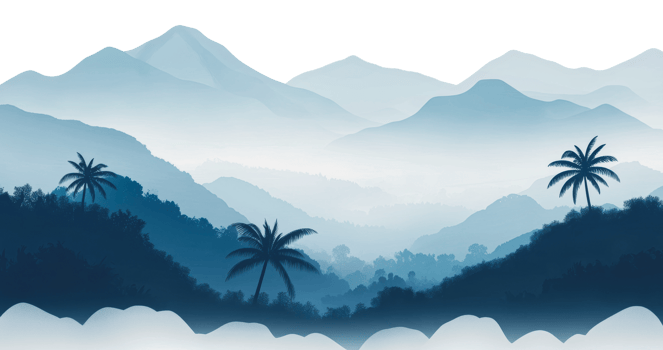 Serene mountain landscape with palm trees at dusk png