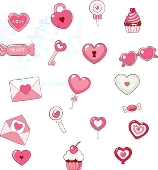 Heart-Themed Romantic Illustrations Featuring Cute Locks, Keys, Balloons, Sweets, and Letters for Whimsical Designs vector
