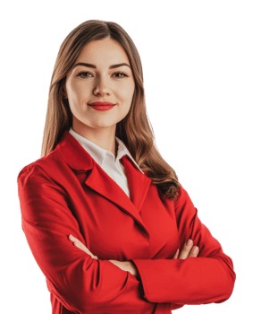 Confident woman in red blazer with arms crossed png