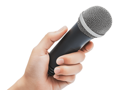 Hand holding a microphone for speaking engagement png