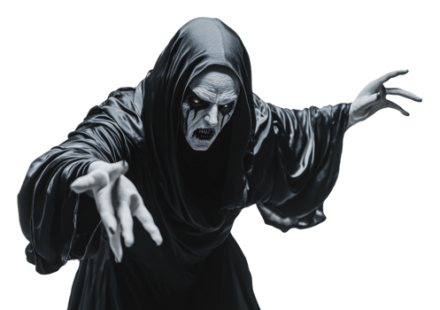 Eerie figure in dark cloak reaching out menacingly png