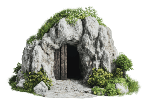 Ancient cave entrance surrounded by greenery png