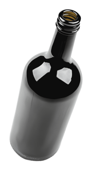 Black glass bottle lying on its side in a studio png