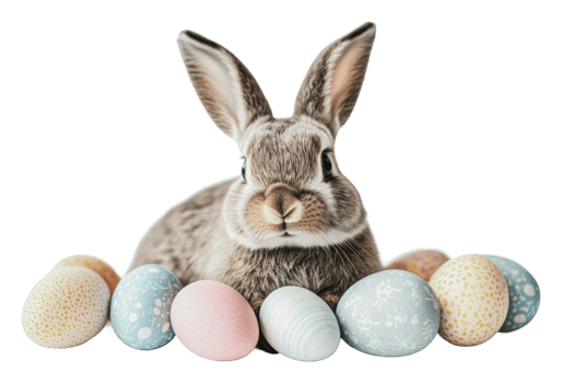 Cute rabbit surrounded by colorful Easter eggs png