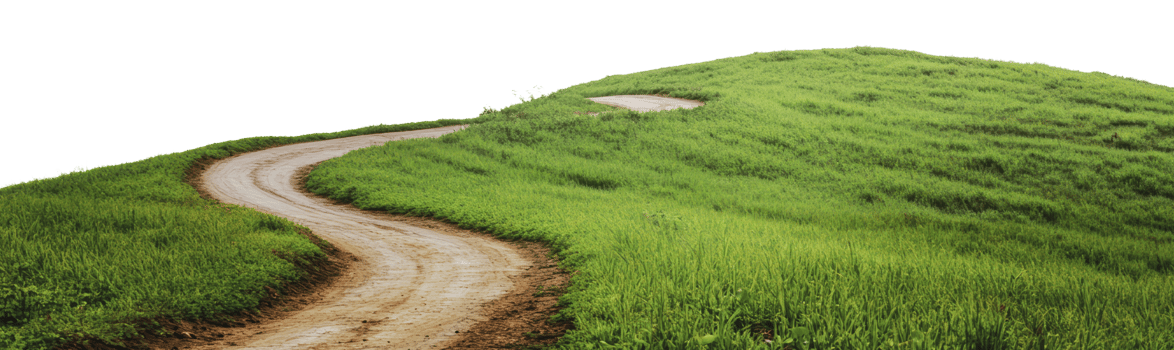 Winding dirt path through green grassy hills png