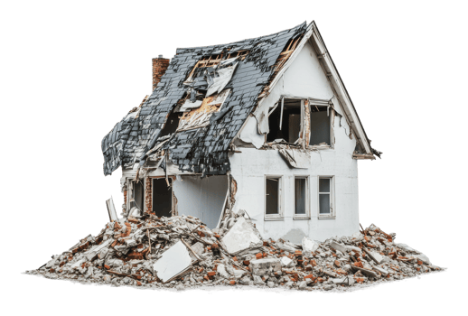 Abandoned house in ruins surrounded by debris png