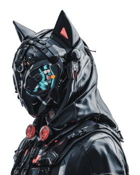 Futuristic figure in cat-inspired outfit and gear png