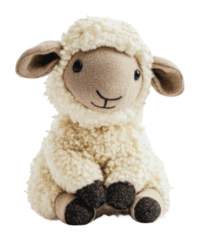 Cute plush sheep toy sits on a soft surface png