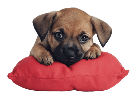 Cute puppy resting on a bright red pillow png