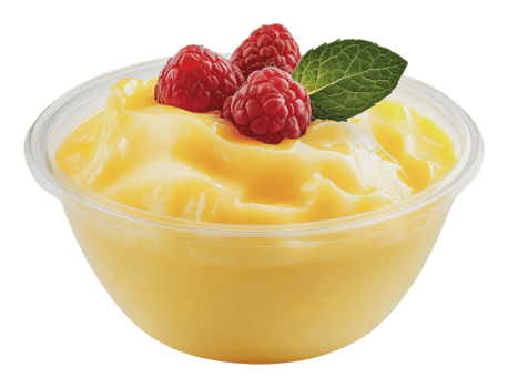 Creamy mango dessert topped with fresh raspberries png