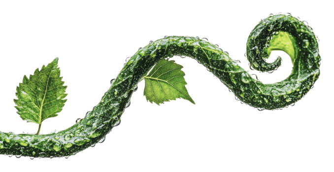 Curving vine with drops of water and green leaves png