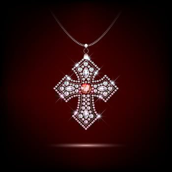 Religious cross sparkling diamonds with a ruby pendant chain. Realistic on a dark blue background vector