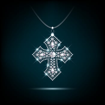 Cross religious catholic made of sparkling diamonds pendant on chain. Realistic on blue dark background vector