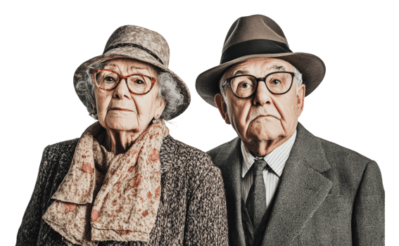 Elderly couple posing in stylish vintage attire png