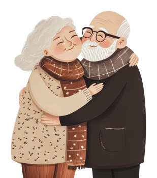 Elderly couple sharing a warm hug in winter png